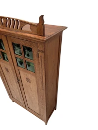 Arts & Crafts Art Nouveau Bookcase with Original Green Glass, 1900s